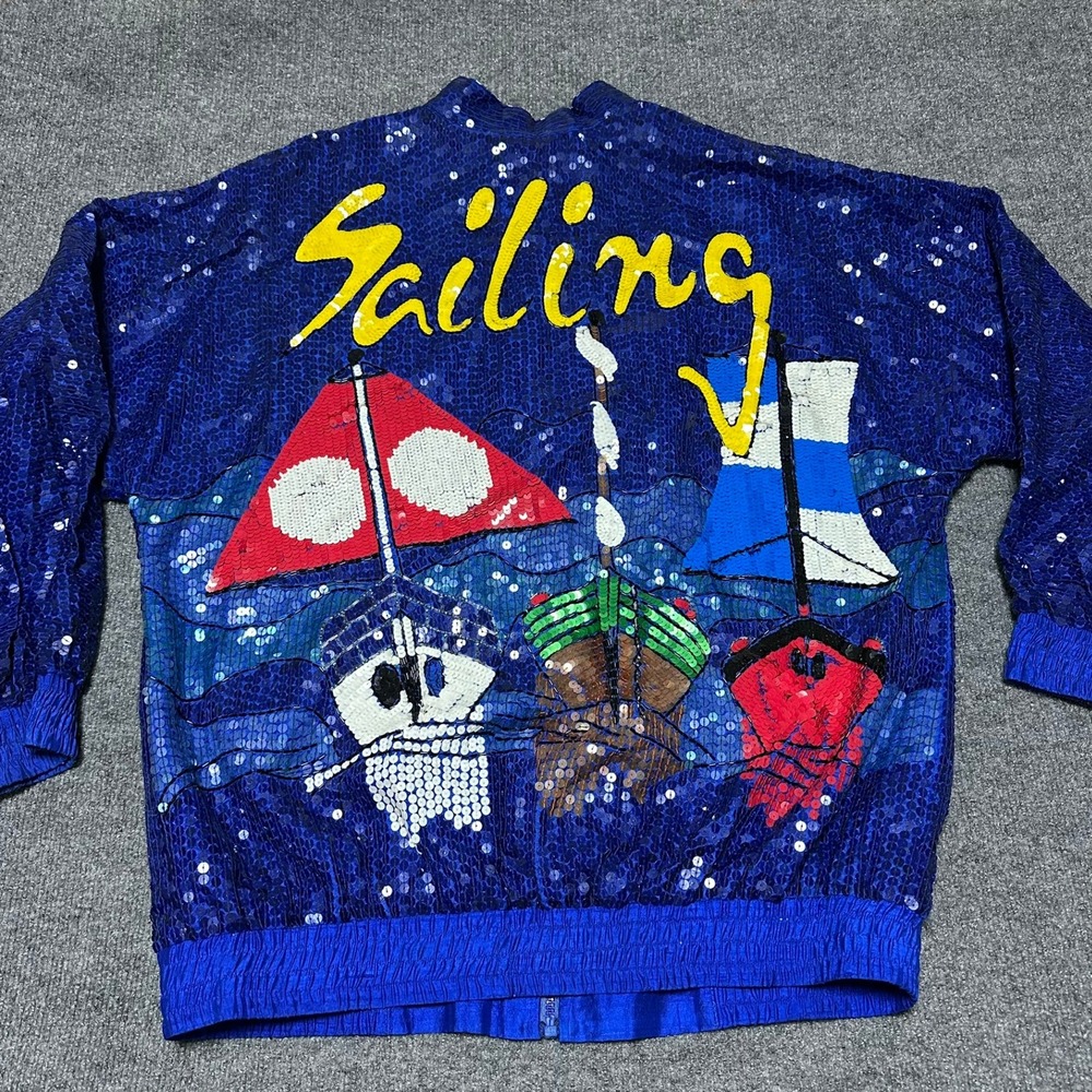 Modi Blue Sequin Sailing Bomber Jacket Vintage Full Zip Silk Large 10-12